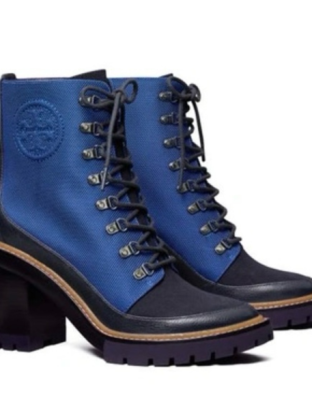 Tory Burch Miller Lug Sole Navy and Royal Blue Lace-Up Leather & Fabric Boots